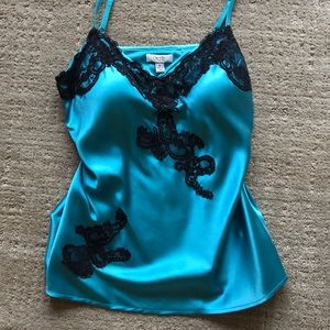 Blue and black satin cache top